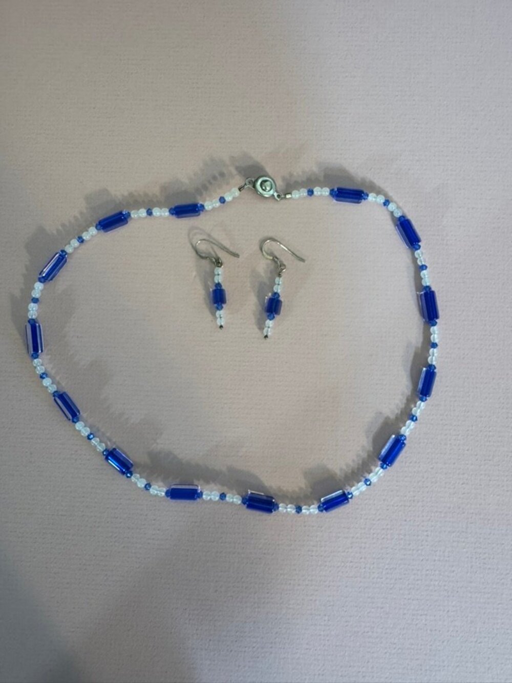 Beautiful Cobalt Blue & White Beaded 18" Necklace and 1"Dangle Earring Set